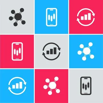 Set Project team base, Mobile stock trading and Graph chart infographic icon Stock Illustration
