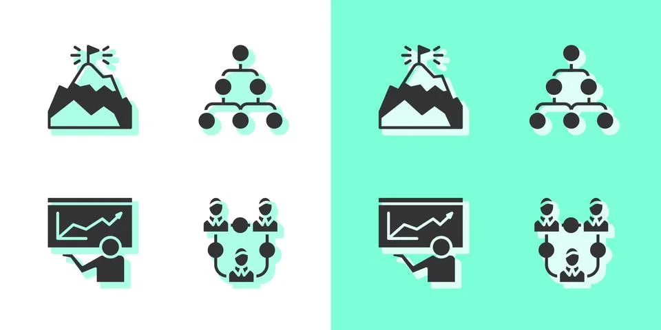 Set Project team base, Mountains with flag, Training, presentation and Hierarchy Stock Illustration