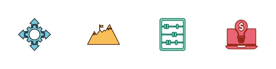 Set Project team base, Mountains with flag, Abacus and Light bulb dollar on l Stock Illustration