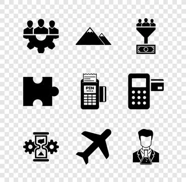 Set Project team base, Mountains, Lead management, Hourglass and gear, Plan.. Stockillustratie