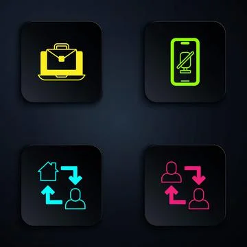 Set Project team base, Online working, and Mute microphone on mobile. Black Illustrazione stock