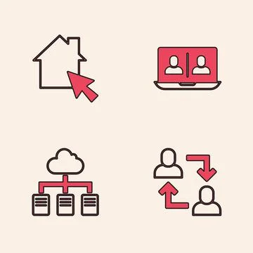 Set Project team base, Online working, Video chat conference and icon. Vector Illustrazione stock