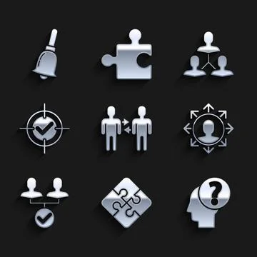 Set Project team base, Piece of puzzle, Human head with question mark, Target Illustrazione stock