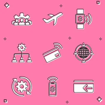 Set Project team base, Plane, Contactless payment, Lead management, and Out.. Stockillustratie