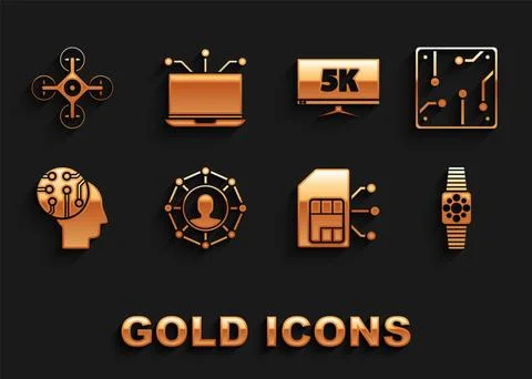 Set Project team base, Processor, Smartwatch, Sim card, Human brain digital.. イラスト素材