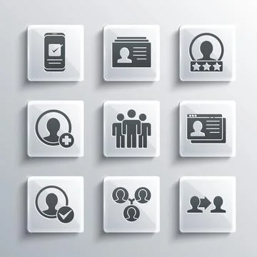 Set Project team base, Resume, Users group, Create account screen, Smartphone Illustrazione stock