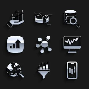Set Project team base, Sales funnel with chart, Mobile stock trading, Monitor Stock Illustration