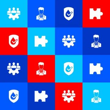 Set Project team base, Scientist and test tube, Waterproof and Piece puzzle icon イラスト素材