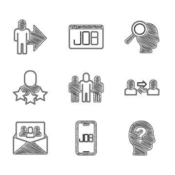 Set Project team base, Search job, Worker, Exchange work, Productive human Stock Illustration