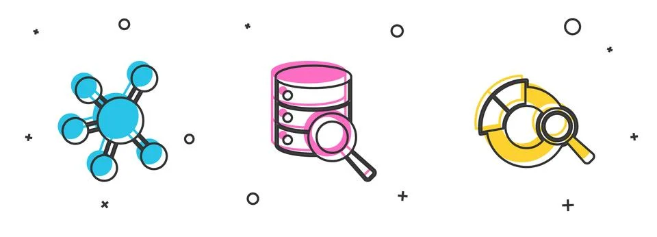 Set Project team base, Server and Search data analysis icon. Vector Illustrazione stock