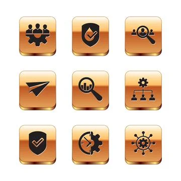 Set Project team base, Shield with check mark, Clock and gear, Magnifying glass Stock Illustration