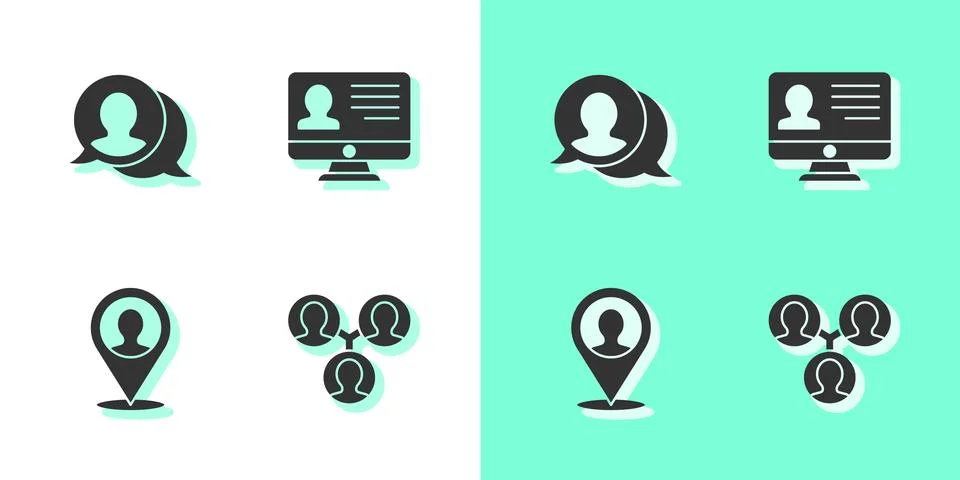 Set Project team base, Speech bubble chat, Location with person and Monitor Illustrazione stock