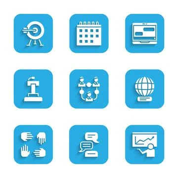 Set Project team base, Speech bubble chat, Training, presentation, Worldwide, Illustrazione stock