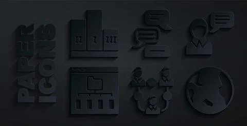 Set Project team base, Speech bubble chat, Browser files, Earth globe, and Award Illustrazione stock