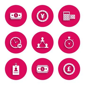 Set Project team base, Stacks paper money cash, Coin with pound sterling symbol Stockillustratie