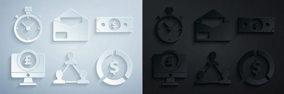 Set Project team base, Stacks paper money cash, Computer monitor with pound Stockillustratie