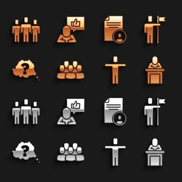 Set Project team base, Team leader, Speaker, Head hunting, Question mark, R.. Stock Illustration