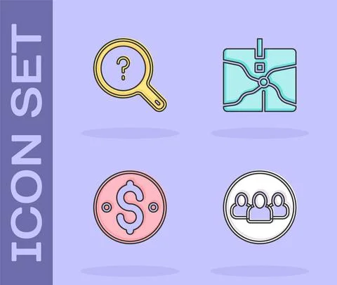 Set Project team base, Unknown search, Dollar symbol and Intersection point icon Illustrazione stock