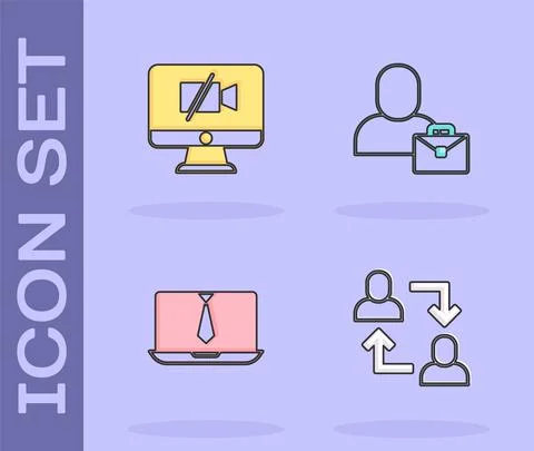 Set Project team base, Video camera Off on computer, chat conference and 스톡 일러스트