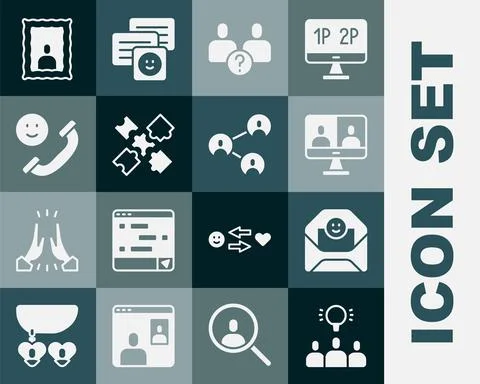 Set Project team base, Video chat conference, Complicated relationship, Puzzl Illustrazione stock