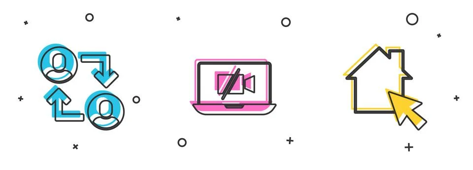 Set Project team base, Video camera Off on laptop and Online working icon. .. Stock Illustration