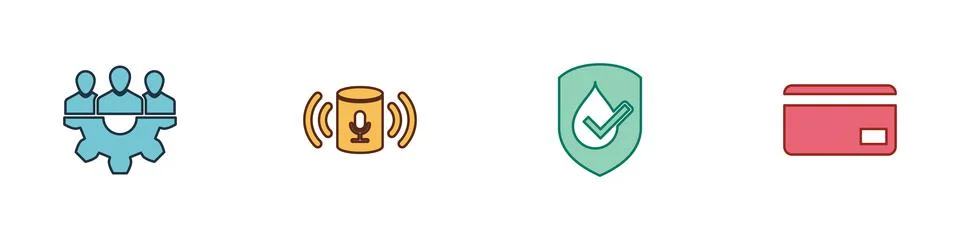 Set Project team base, Voice assistant, Waterproof and Credit card icon. Vector Stock Illustration