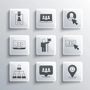 Set Project team base, Worker location, Search job, Man holding flag, Emplo.. Stock Illustration