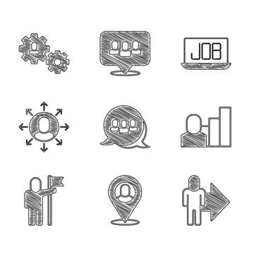 Set Project team base, Worker location, Leader of of executives, Productive.. Stock Illustration