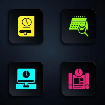 Set Project time plan, Time for book, Monitor and Calendar search. Black square Ilustración de archivo