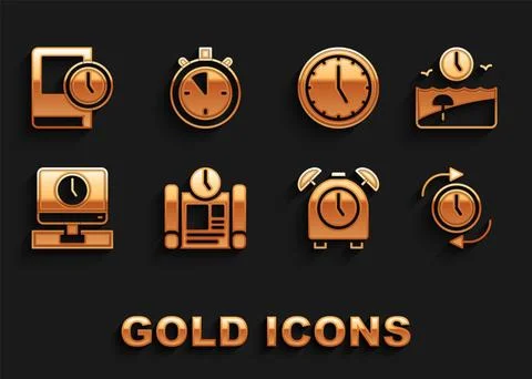 Set Project time plan, Vacation, Clock with arrow, Alarm clock, Monitor, Ti.. Stock Illustration
