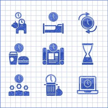 Set Project time plan, Waste of, Laptop, Old hourglass with sand, Time Stock Illustration