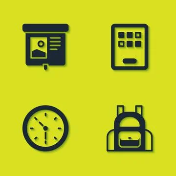 Set Projection screen, School backpack, Clock and Graphic tablet icon. Vector Stock Illustration