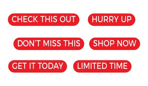 Set of promotional red buttons with call to action phrases like shop now hurry イラスト素材