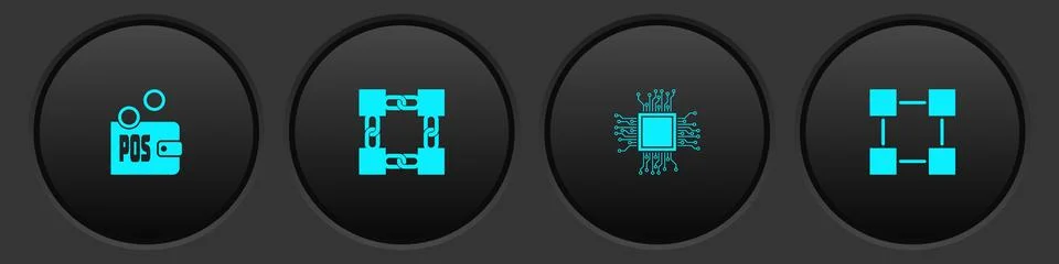 Set Proof of stake, Blockchain technology, Processor and icon. Vector Stock Illustration
