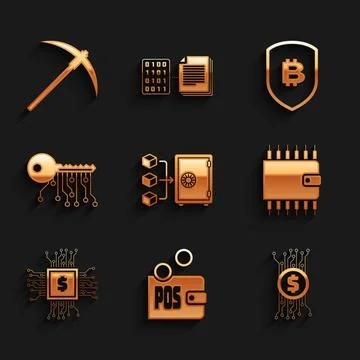 Set Proof of stake, , Cryptocurrency bitcoin in circuit, wallet, Processor chip Stock Illustration