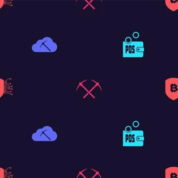Set Proof of stake, Cryptocurrency cloud mining, Crossed pickaxe and Shield w イラスト素材