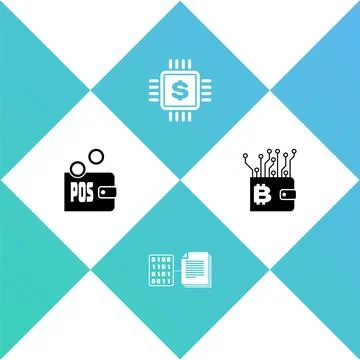 Set Proof of stake, Smart contract, Processor chip with dollar and Stockillustratie