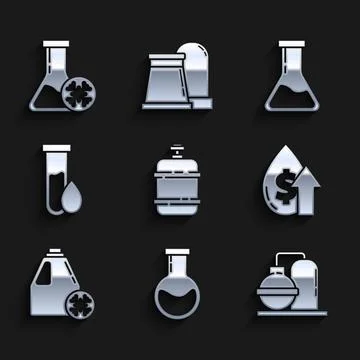 Set Propane gas tank, Test tube and flask, Oil industrial factory building Stock Illustration