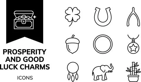 SET Prosperity and good luck charms icons collection including treasure che.. Stock Illustration