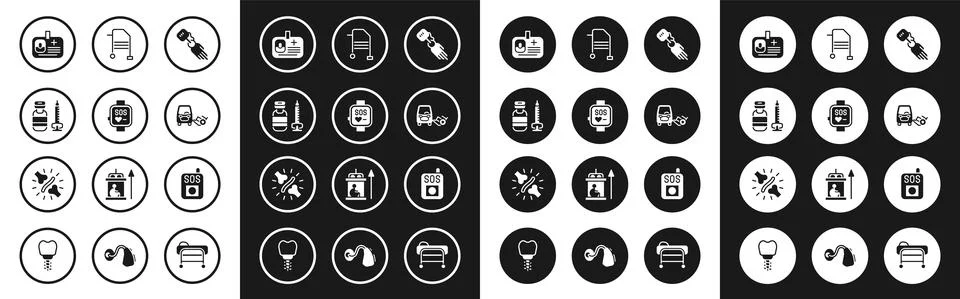 Set Prosthesis hand, Smart watch, Syringe, Identification badge, Disabled car Stock Illustration