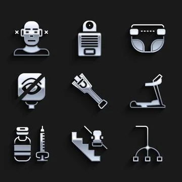 Set Prosthesis leg, Disabled elevator, Walking stick cane, Treadmill machine Stock Illustration
