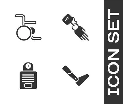 Set Prosthesis leg, Wheelchair, Intercom and hand icon. Vector Stock Illustration