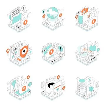 Set of Protection Isometric Illustrations Stock Illustration