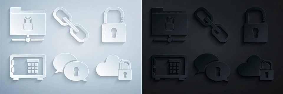 Set Protection of personal data, Open padlock, Safe, Cloud computing, Chain link Stock Illustration