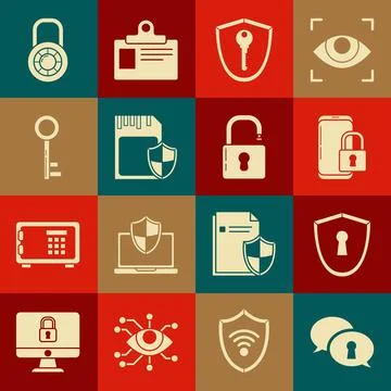 Set Protection of personal data, Shield with keyhole, Smartphone closed pad.. Stock Illustration