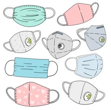 Set of protective face masks and respirators. Cute vector illustration, isolated Ilustración de archivo