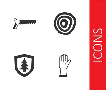 Set Protective gloves, Hand saw, Shield with tree and Tree rings icon. Vector Stock Illustration
