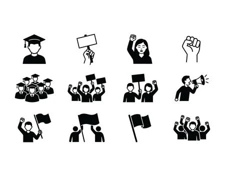 Set of protest and student demonstration icons showing crowds holding flags.. Stock Illustration