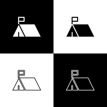 Set Protest camp icon isolated on black and white background. Protesting tent Ilustração Stock