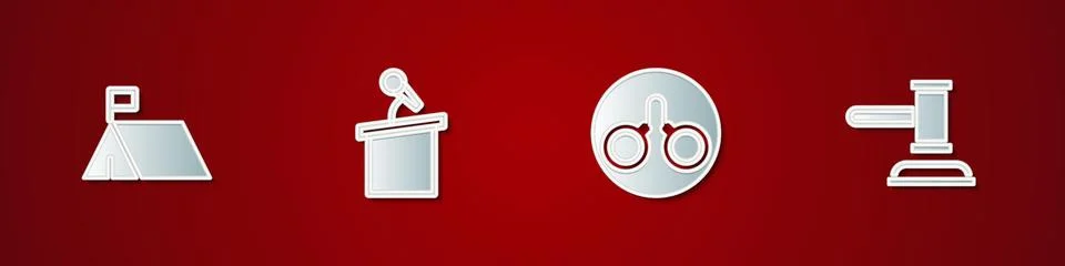 Set Protest camp, Stage stand or tribune, Handcuffs and Judge gavel icon. Vec Ilustração Stock